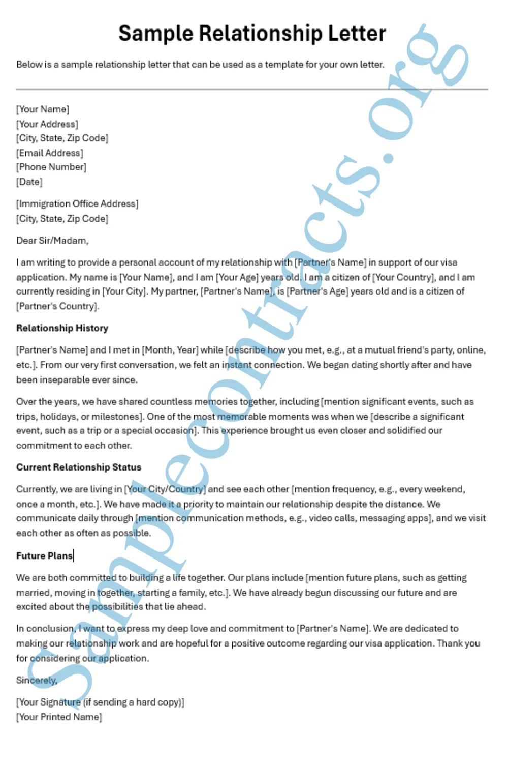 Image of a relationship letter sample for a visa application.