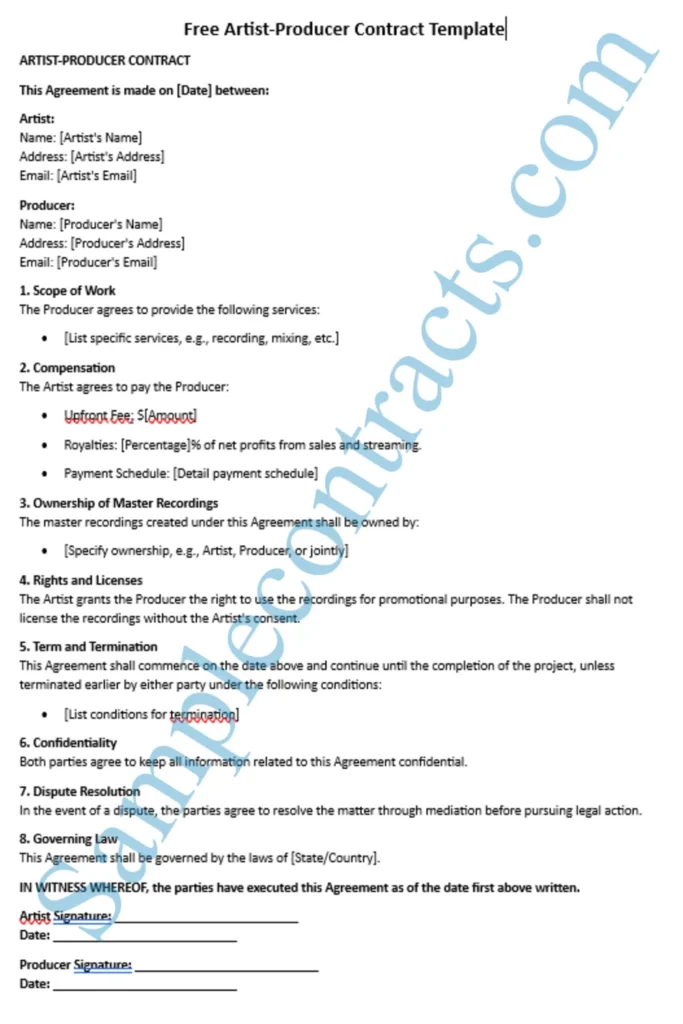 Artist Producer Contract Template Free